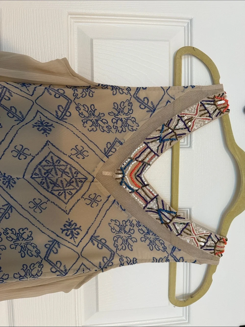 Free People Beige Sleeveless Geo-Print Dress with Embroidered Yoke
